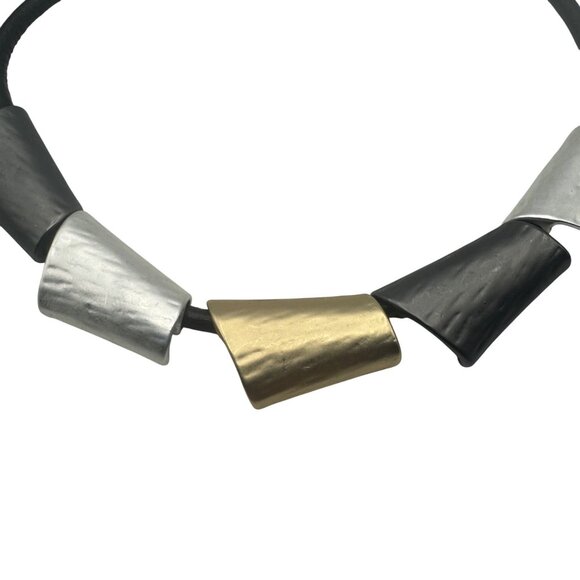 Chunky Black Gold Silver Necklace Adjustable Modern Design Leather Cord - Picture 2 of 4